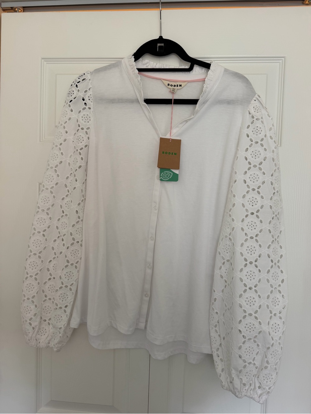 Boden White Eyelet Sleeve Button-Front Top- NWT